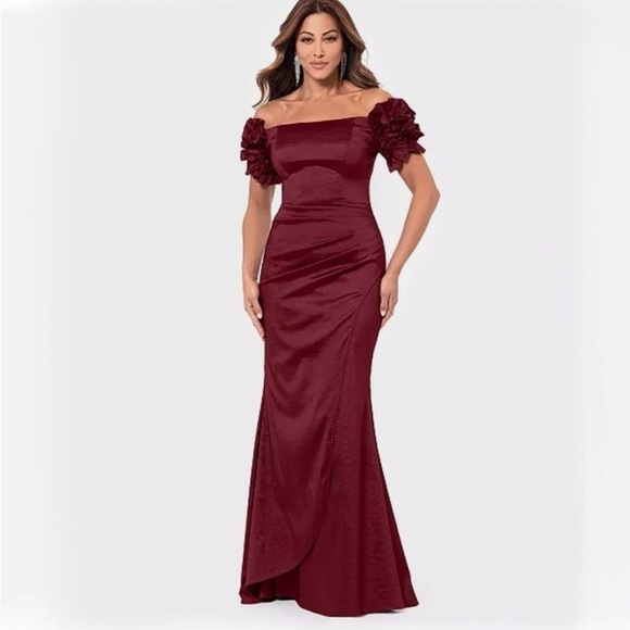 Xscape Off-Shoulder Ruffled Sleeve wine colored dress